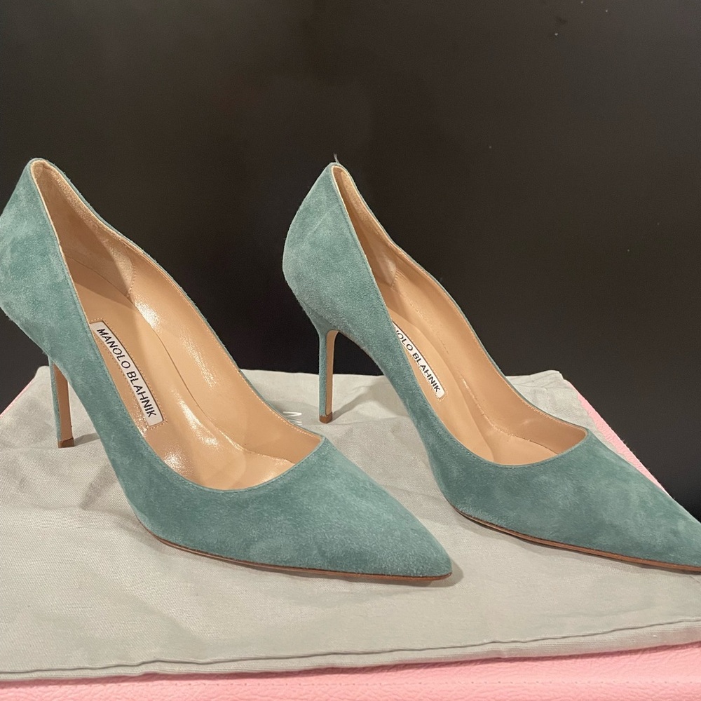 Manolo Blahnik Teal Suede Pointed-Toe Pumps